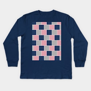 Square Tiles in Navy, Grey and Pink Kids Long Sleeve T-Shirt